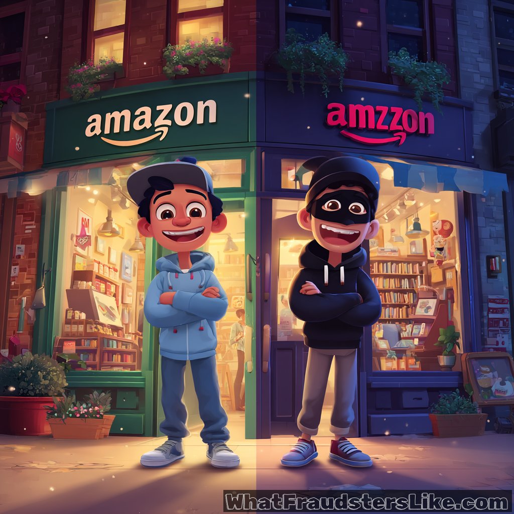 The image is split down the middle, showing two storefronts side-by-side: on the left, a smiling boy stands in front of a bright green "amazon" store, while on the right, a boy in a black mask and hoodie stands in front of a dark blue "amazon" store, both with arms crossed and smiling mischievously.